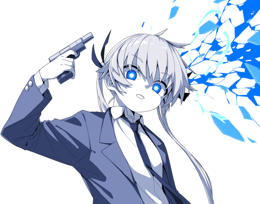 1girl blue_theme collared_shirt finger_gun finger_gun_to_head hair_between_eyes hair_ribbon highres jacket kill_me_baby long_hair long_sleeves looking_at_viewer monochrome necktie open_clothes open_jacket parody persona persona_3 pose_imitation ribbon shirt simple_background solo sonya_(kill_me_baby) twintails upper_body yachima_tana