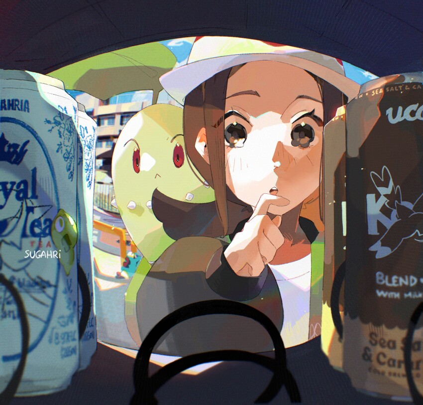 1girl brown_eyes brown_hair can chikorita drink gen_2_pokemon green_jacket harmony_(pokemon) hat highres jacket nintendo open_clothes open_jacket open_mouth pokemon pokemon_(creature) pokemon_legends:_z-a shirt short_hair soda sugahri tea vending_machine white_hat white_shirt