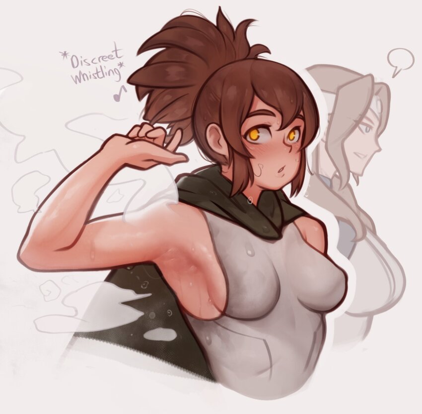 1girl 2girls arm_up armpits blush breasts brown_hair cape commentary commentary_request dota_(series) dripping english_commentary high_ponytail highres looking_at_viewer marci_(dota) medium_breasts multiple_girls musical_note parted_lips ponytail sidelocks simple_background sleeveless solo sorapoi sound_effects steam steaming_body sweat upper_body whistling white_background yellow_eyes
