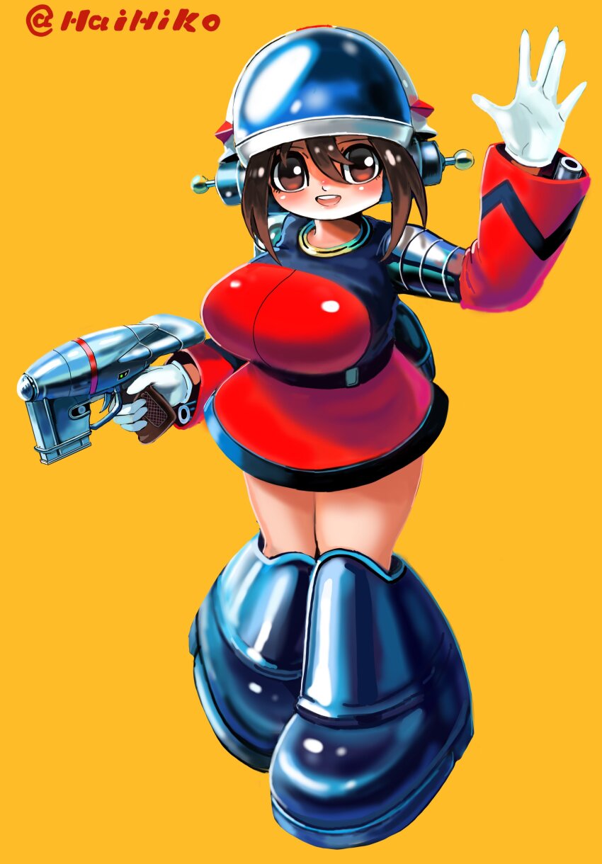 1girl absurdres belt boots breasts brown_eyes brown_hair commentary_request dress full_body gloves gun hai_to_hickory hair_between_eyes helmet highres holding holding_gun holding_weapon huge_breasts knee_boots large_breasts medium_hair open_mouth orange_background original red_dress short_dress smile solo trigger_discipline twitter_username weapon white_gloves