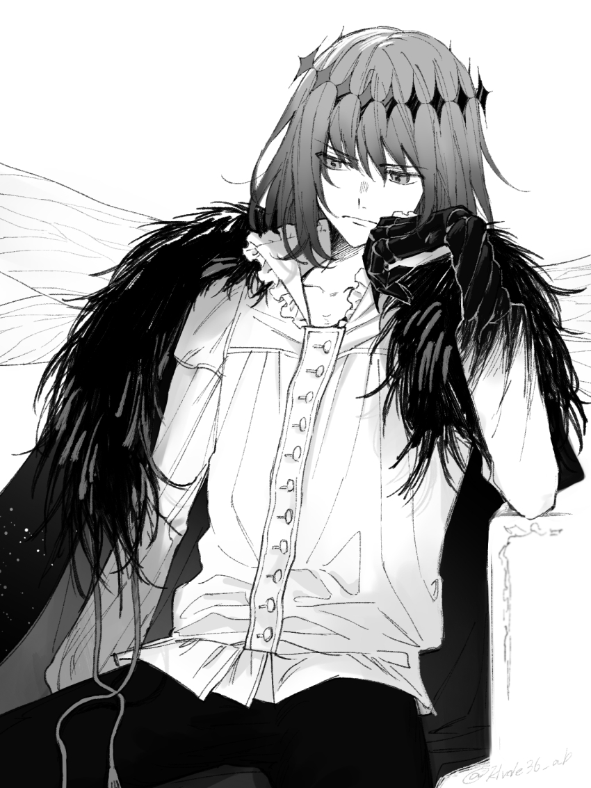 1boy claws commentary_request crown fate/grand_order fate_(series) frown greyscale hand_on_own_face highres long_sleeves male_focus monochrome oberon_(fate) oberon_(third_ascension)_(fate) ringo_2000 shirt short_hair simple_background sitting solo spoilers