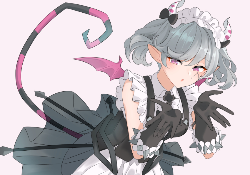 1girl apron arianne_the_labrynth_servant black_gloves blowing_kiss breasts demon_girl demon_horns demon_tail demon_wings dress duel_monster frilled_dress frilled_hairband frilled_sleeves frills gloves grey_hair hair_ornament hairband heichi horns looking_at_viewer maid maid_apron maid_headdress medium_breasts open_mouth pink_eyes pointy_ears short_hair simple_background sleeveless sleeveless_dress solo tail waist_apron white_apron white_background wings yu-gi-oh!