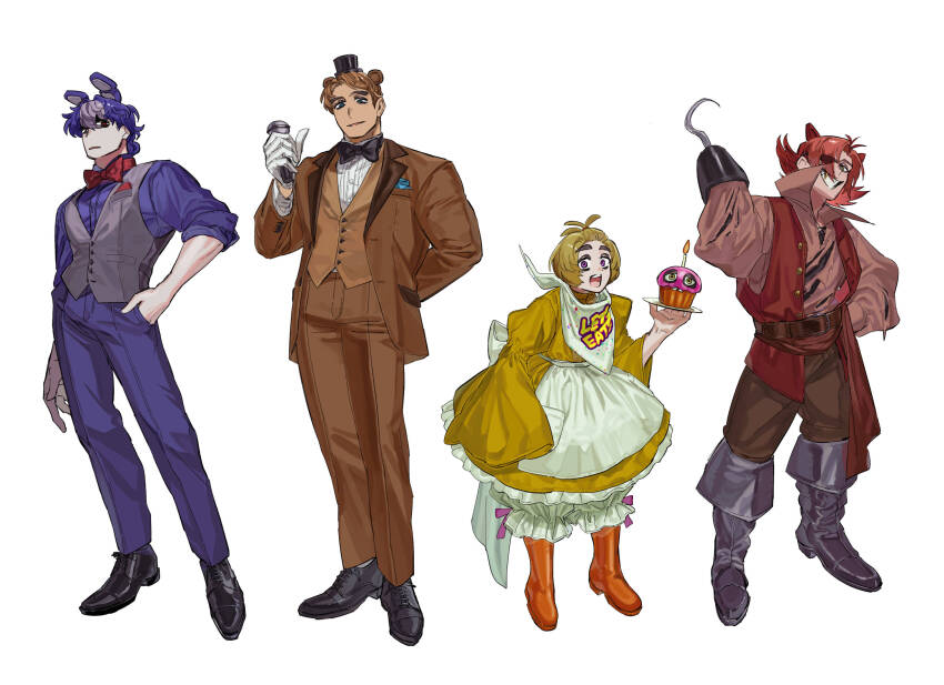 1girl 3boys animal_ears aregje bear_boy bear_ears bib blonde_hair bonnie_(fnaf) bow bowtie brown_hair chica commentary_request cupcake cupcake_(fnaf) dress extra_ears eyepatch five_nights_at_freddy&#039;s five_nights_at_freddy&#039;s_1 food formal_clothes fox_boy fox_ears foxy_(fnaf) freddy_fazbear full_body grin hand_in_pocket hat highres holding holding_food holding_microphone hook_hand humanization looking_at_viewer microphone multiple_boys pants pirate purple_eyes purple_hair rabbit_boy rabbit_ears red_hair shirt short_hair simple_background smile standing suit top_hat vest white_background