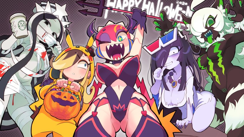 3d_glasses 5girls bommina bommina_the_maidroid breasts cleavage cosplay fangs from_below gashi-gashi halloween halloween_costume highres large_breasts long_hair looking_at_another looking_at_viewer monster_energy-chan multicolored_hair multiple_girls navel open_mouth pikachu_(cosplay) product_girl starbucks stb-chan twintails underboob