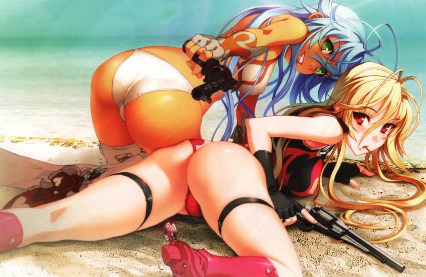 2girls ass beach bikini blonde_hair blue_hair blush dark-skinned_female dark_skin donne_anonime female_focus franco_il_nero from_behind green_eyes grin gun highres holding holding_gun holding_weapon light_blue_hair long_hair looking_at_viewer looking_back lying mouth_hold multiple_girls nishii_(damnedrive) panties red_eyes smile swimsuit underwear weapon zoku_satsuriku_no_django