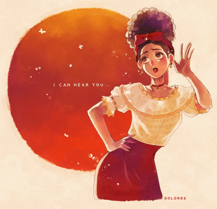 1girl absurdres afro bow brown_eyes brown_hair choker colombian_clothes curly_hair dark-skinned_female dark_skin dolores_madrigal earrings encanto hair_bow heart heart_earrings highres jewelry listening mizala red_bow red_choker shirt simple_background skirt solo very_dark_skin