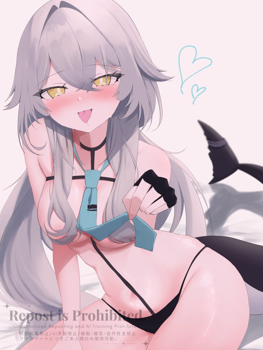 1girl :p absurdres aqua_necktie areola_slip artist_name bed_sheet black_gloves black_panties blue_necktie blush breasts cetacean_tail collarbone convenient_censoring drooling fingerless_gloves fins fish_tail gloves grey_hair hair_between_eyes hair_censor hair_intakes hair_over_breasts harness heart heart-shaped_pupils highres irychan_vrc large_breasts long_hair looking_at_viewer medium_breasts navel necktie open_mouth panties partially_fingerless_gloves rurune_(vrchat) saliva saliva_trail shark_girl shark_tail sidelocks simple_background sitting smile solo symbol-shaped_pupils tail thighs tongue tongue_out underwear very_long_hair vrchat watermark white_background yellow_eyes