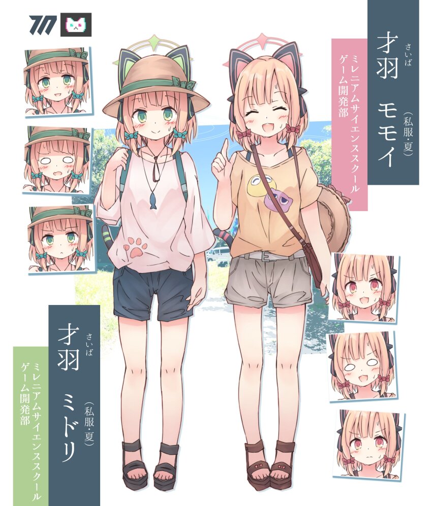 2girls :d ^_^ absurdres alternate_costume animal_ear_headphones animal_ears blonde_hair blue_archive blush bow casual cat_ear_headphones closed_eyes closed_mouth commentary_request fake_animal_ears full_body green_eyes hair_bow halo hat headphones highres kamotsu_yasai looking_at_viewer midori_(blue_archive) momoi_(blue_archive) multiple_girls o_o open_mouth pink_halo sandals short_hair shorts siblings sisters smile standing summer sun_hat tail translation_request twins