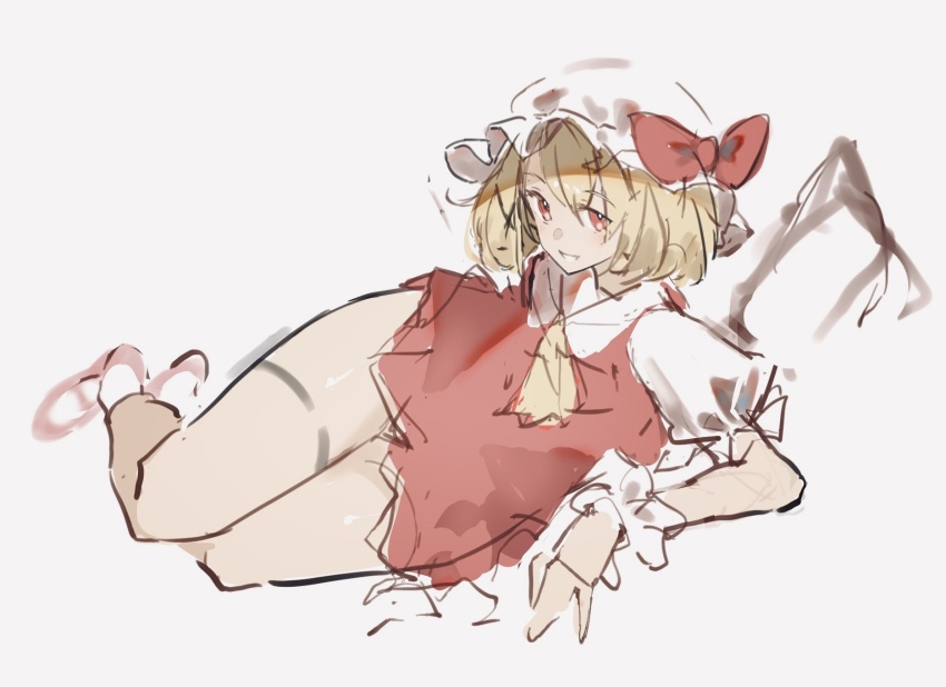 1girl ascot bat_wings blonde_hair bow dress flandre_scarlet frilled_cuffs frilled_hat frills hat hat_bow highres looking_at_viewer lying mob_cap on_side parted_lips po_(anhk5528) puffy_short_sleeves puffy_sleeves red_bow red_dress ribbon short_hair short_sleeves simple_background smile socks thick_thighs thigh_strap thighs touhou white_background white_hat white_socks wings wrist_cuffs yellow_ascot yellow_ribbon