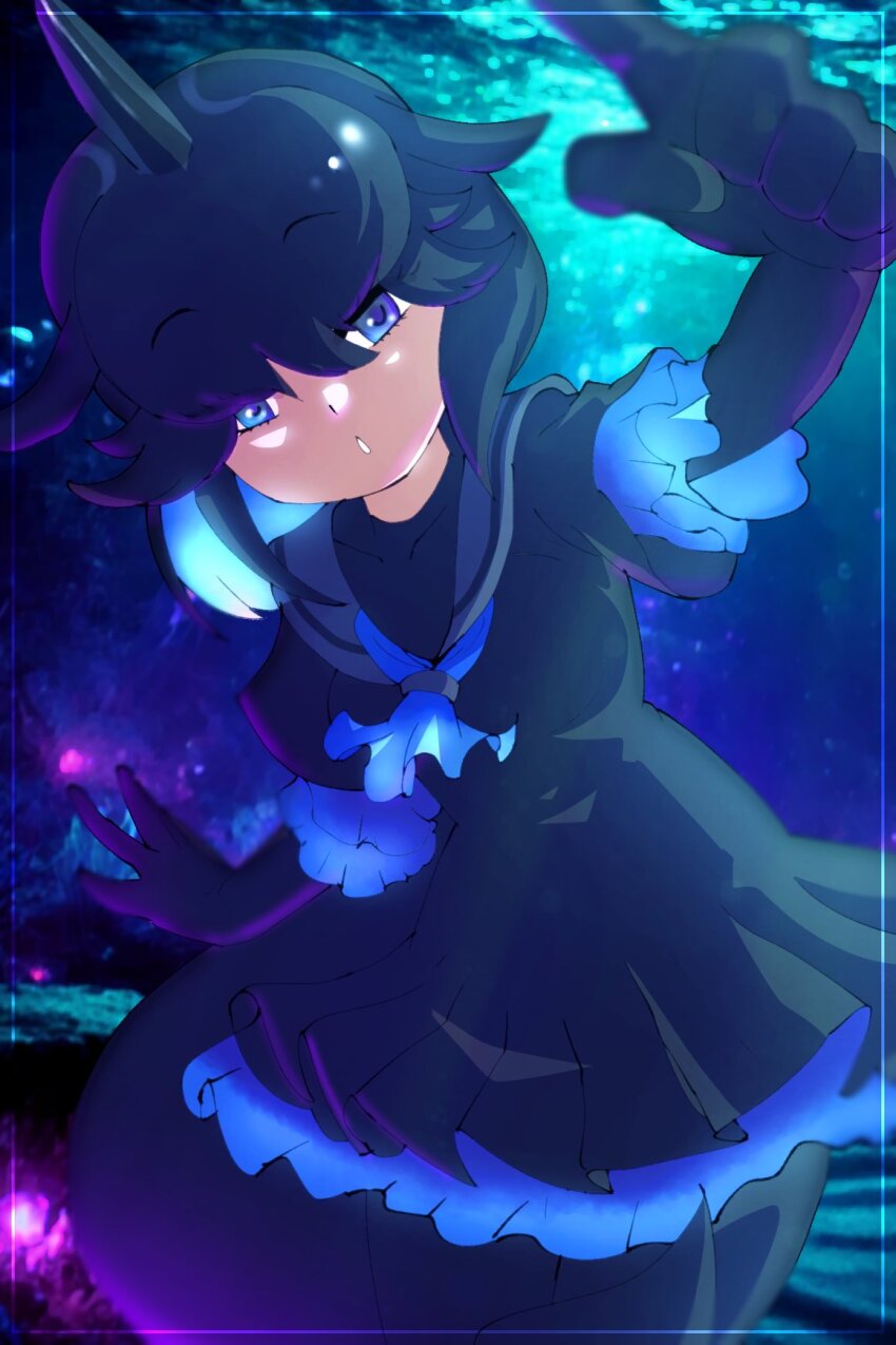 1girl black_dress black_gloves black_hair black_pantyhose blowhole blue_eyes blue_frills blue_hair blue_neckerchief cats_yone cetacean_tail colored_inner_hair dolphin_girl dorsal_fin dress elbow_gloves fins fish_tail frilled_dress frilled_sleeves frills gloves hair_between_eyes head_fins highres kemono_friends multicolored_hair neckerchief pantyhose sailor_collar sailor_dress short-finned_pilot_whale_(kemono_friends) short_hair short_sleeves sidelocks solo tail two-tone_hair underwater