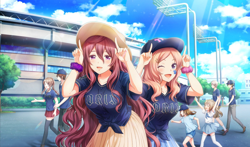 ;d baseball_cap baseball_stadium baseball_uniform black_pants black_thighhighs blue_hat blue_shirt blue_skirt brown_footwear brown_hair brown_hat bush cinderella_series cloud commentary_request facepaint game_cg hachigatsu_no_cinderella_nine hair_between_eyes hair_ornament hairclip hanayama_emi hat high_ponytail highres honjo_chikage horns_pose index_finger_raised lens_flare light_rays long_hair looking_at_viewer nippon_professional_baseball non-web_source official_art one_eye_closed open_mouth orix_buffaloes outdoors pants parted_bangs pink_hair pink_scrunchie pleated_skirt ponytail purple_eyes purple_hair purple_scrunchie red_skirt scrunchie shirt short_sleeves sidelocks skirt sky smile sportswear standing sunbeam sunlight thighhighs tied_shirt tree very_long_hair wavy_hair wrist_scrunchie yellow_skirt
