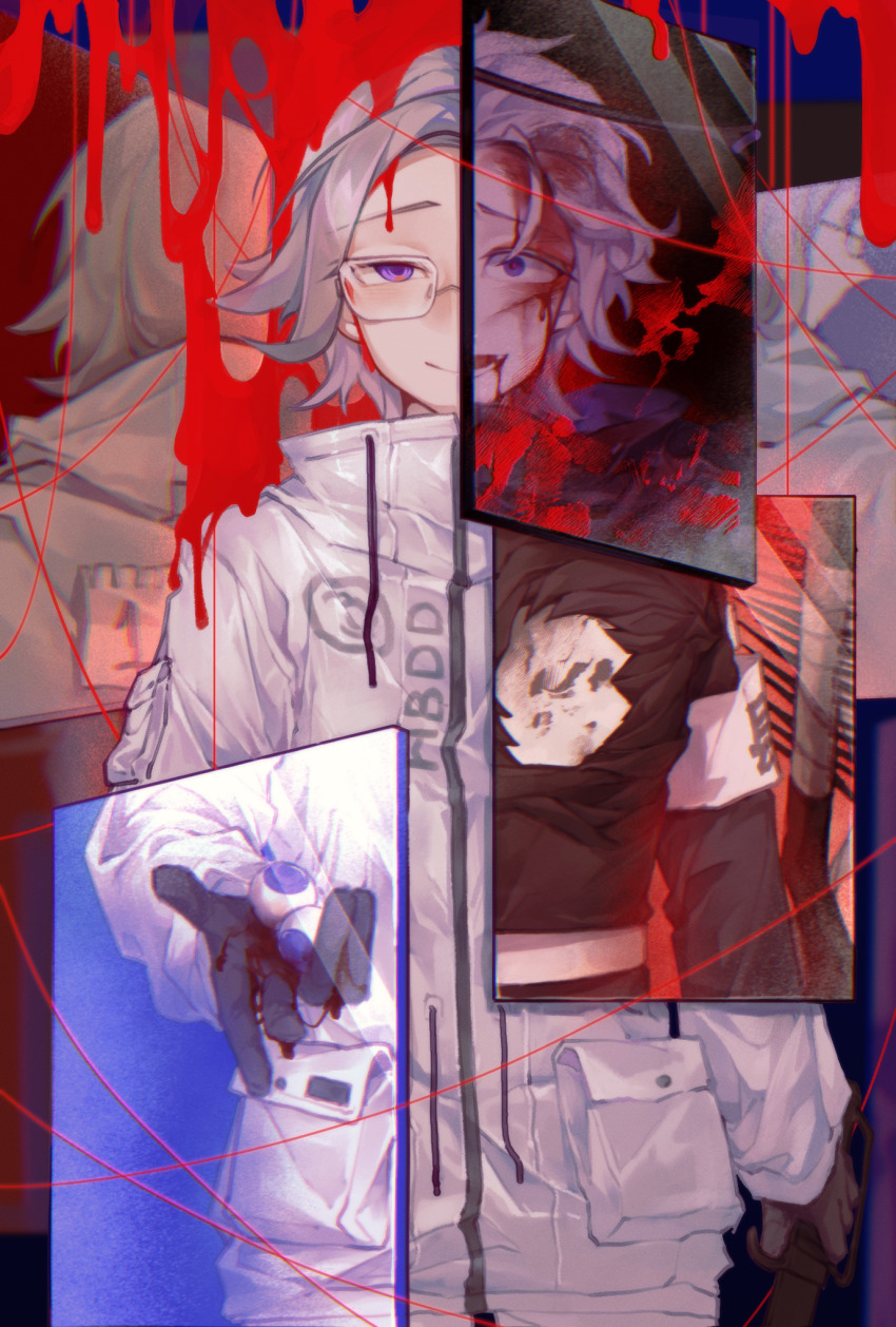 1boy aotsuki_eito armband black_gloves blood blood_from_forehead blood_from_mouth blood_on_face blood_on_glass commentary cowboy_shot glasses gloves grey_hair highres holding holding_eyeball holding_knife hole_in_chest hole_on_body jacket knife last_defense_academy_school_uniform looking_at_viewer male_focus multiple_persona outstretched_arm pocket purple_eyes school_uniform short_hair smile solo spoilers symbol-only_commentary the_hundred_line_-last_defense_academy- waiaaaaaaa white_armband white_jacket wide-eyed