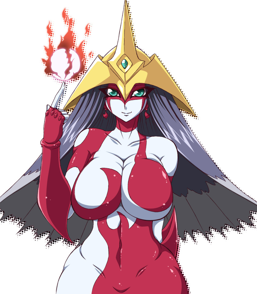 1girl aqua_eyes black_hair breasts burstinatrix collarbone duel_monster elemental_hero_burstinatrix energy female_focus highres large_breasts long_hair looking_at_viewer navel smile solo yu-gi-oh! yu-gi-oh!_gx yukimaru_(gojo)