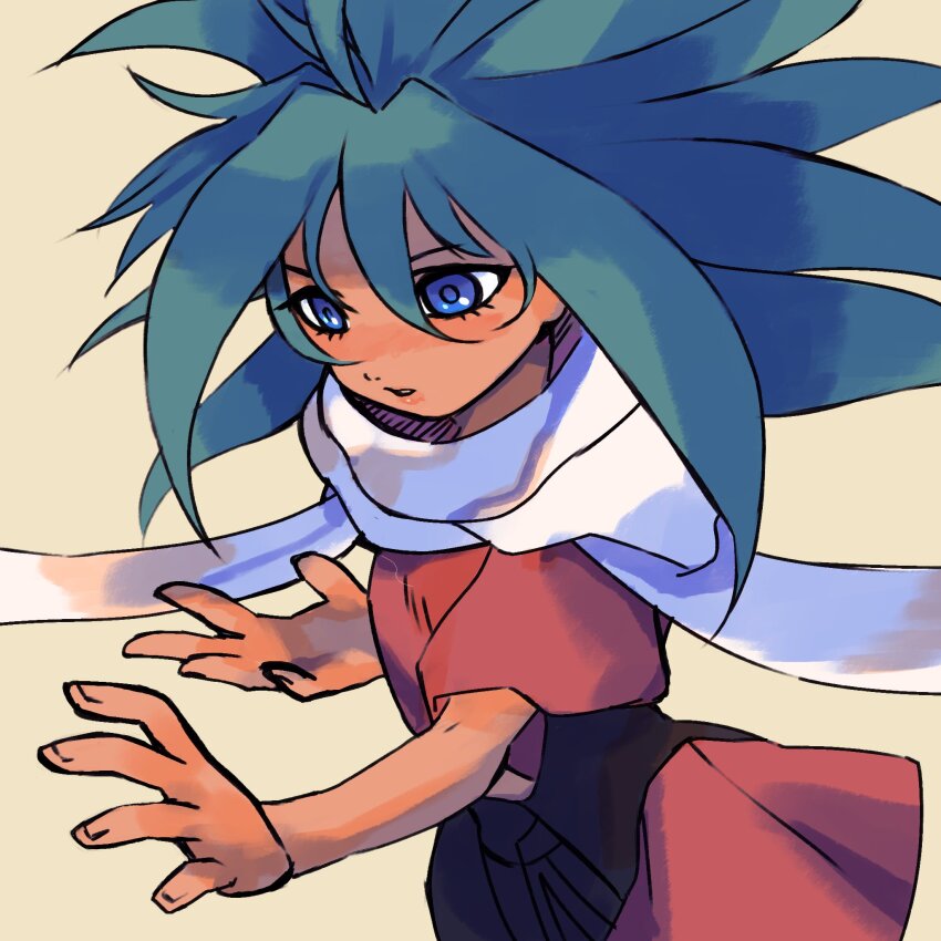 1girl blue_eyes blue_hair dark-skinned_female dark_skin emerada_(xenogears) gan2 hair_between_eyes highres long_hair lower_eyelashes_only parted_lips red_skirt scarf simple_background skirt solo white_scarf xenogears yellow_background