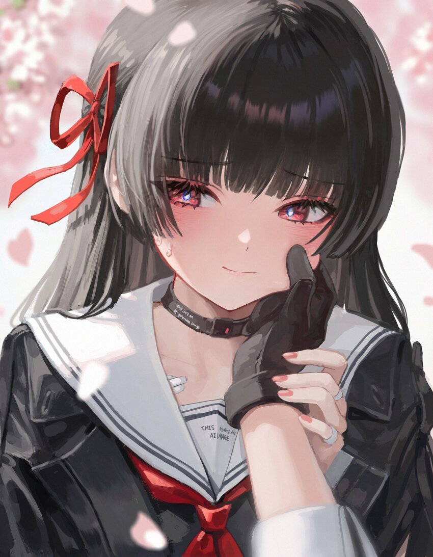 1boy 1girl black_choker black_gloves black_hair black_shirt blurry blurry_background cheek_pinching cherry_blossoms chisa_(wuthering_waves) choker closed_mouth commentary_request ddcc0123 fingernails gloves hair_ribbon highres long_hair male_rover_(wuthering_waves) msby_black_jackals_jacket nail_polish neckerchief pinching portrait pov pov_hands red_nails red_neckerchief red_ribbon ribbon rover_(wuthering_waves) sailor_collar shirt smile solo_focus sweatdrop white_sailor_collar wuthering_waves