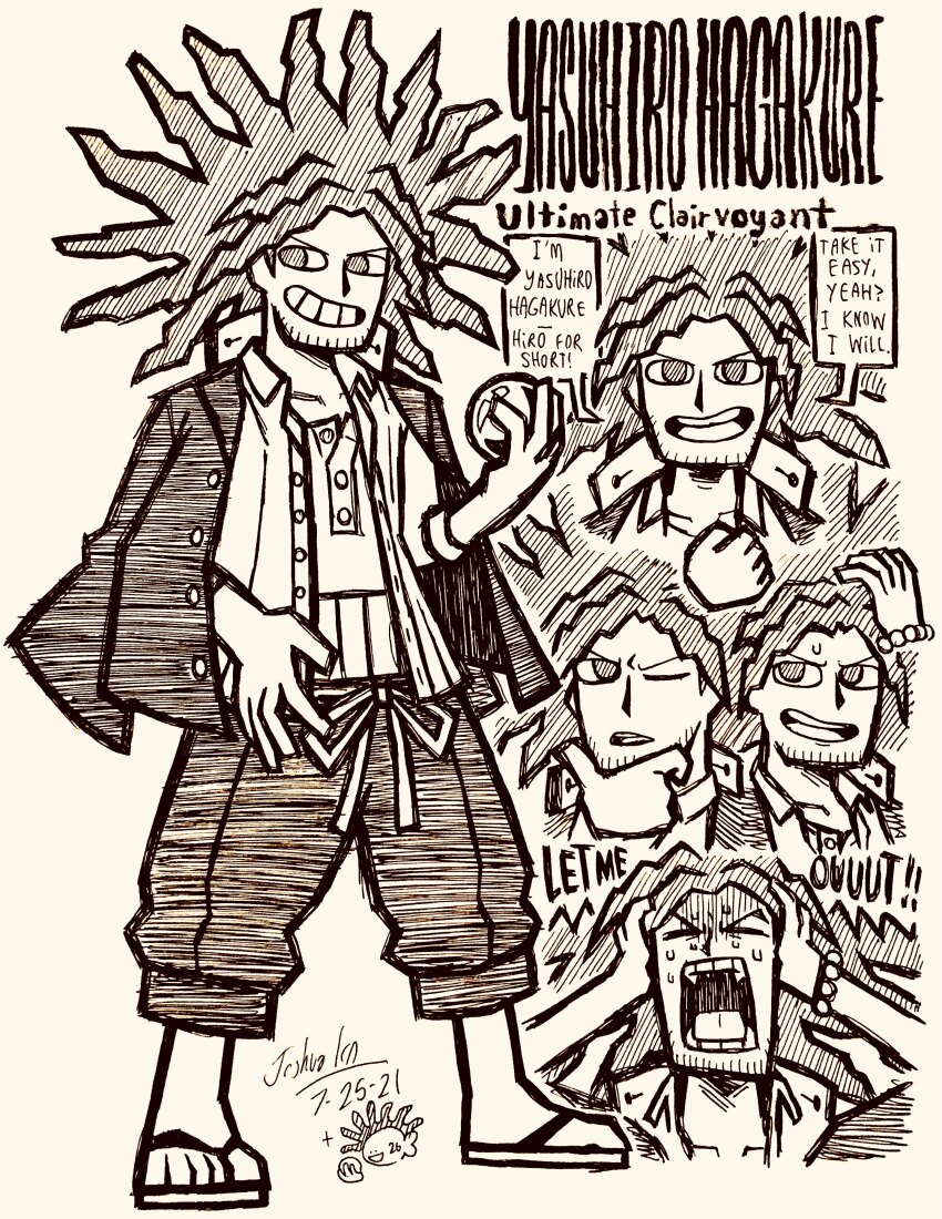 1boy absurdres bracelet character_name crystal_ball danganronpa:_trigger_happy_havoc danganronpa_(series) dated doodle_inset english_text facial_hair full_body greyscale grin hagakure_yasuhiro hand_on_own_chin hand_on_own_head hands_on_own_head hatching_(texture) highres holding jacket jewelry josh-s26 male_focus monochrome multiple_views open_clothes open_jacket open_mouth pants sandals shirt signature simple_background smile speech_bubble standing sweat sweatdrop teeth tongue v-shaped_eyebrows white_background