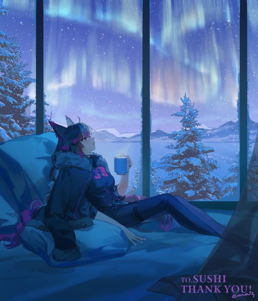 1girl absurdres ahoge animal_ear_fluff animal_ears artist_name aurora black_hair black_pants bow braid check_copyright choker commission commissioner_name copyright_request cup ema3 from_inside fur-trimmed_jacket fur_trim highres holding holding_cup indoors jacket jacket_on_shoulders leaning_back long_hair mountainous_horizon mug multicolored_hair night night_sky original pants parted_lips pillow pine_tree pink_bow purple_bow purple_eyes purple_hair short_sleeves sitting skeb_commission sky sleeves_rolled_up snow solo steaming_cup thigh_strap tree twin_braids very_long_hair window