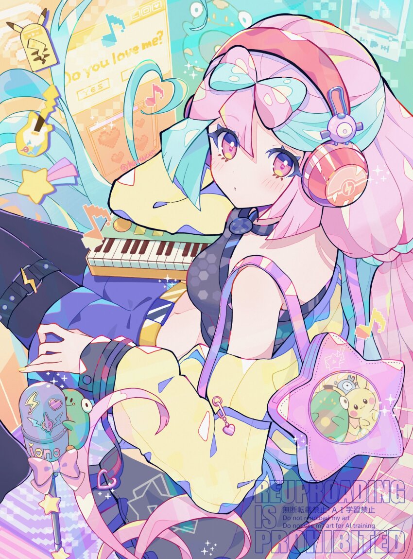 1girl absurdres alternate_costume bellibolt black_shirt blue_hair blue_shorts bow breasts crop_top eighth_note english_text gen_1_pokemon gen_4_pokemon haru_(haruxxe) headphones heart highres instrument iono_(pokemon) jacket leggings_under_shorts light_blush long_hair long_sleeves looking_at_viewer magnemite medium_breasts midriff multicolored_hair musical_note navel nintendo open_mouth piano pikachu pink_bag pink_bow pink_eyes pink_hair pokemon pokemon_sv red_headphones rotom rotom_(normal) shirt shorts solo star_(symbol) two-tone_hair yellow_jacket