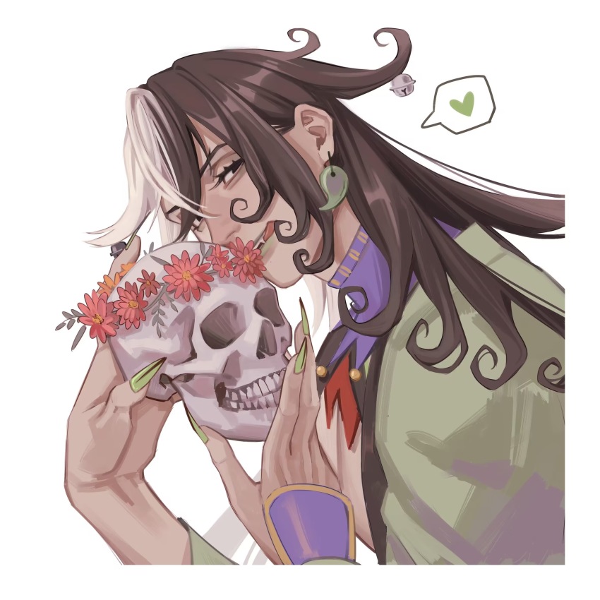 1boy ashiya_douman_(fate) asymmetrical_hair black_eyes black_hair curly_hair earrings fate/grand_order fate_(series) fingernails fixmeplz flower_wreath green_lips green_nails hair_between_eyes heart highres holding holding_skull japanese_clothes jewelry licking_lips long_hair magatama magatama_earrings male_focus multicolored_hair sharp_fingernails simple_background skull solo split-color_hair spoken_heart tongue tongue_out two-tone_hair upper_body white_background white_hair