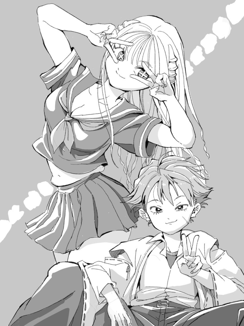 +_+ 1boy 1girl bone_collection breasts cleavage double_v facial_scar grey_background greyscale highres jinai_kazami kirarazaka_jun monochrome muffin_top navel paira_(bone_collection) pleated_skirt scar scar_on_cheek scar_on_face school_uniform short_sleeves sitting skirt v