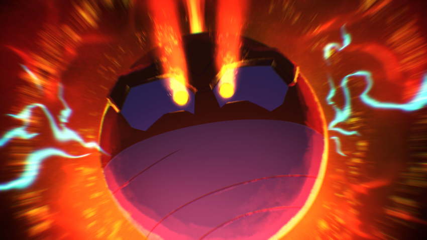 absurdres ball blurry chromatic_aberration commentary electricity eye_trail glowing glowing_eyes higa-tsubasa highres hisuian_voltorb light_trail nintendo no_humans pokemon pokemon_(creature) solo yellow_eyes