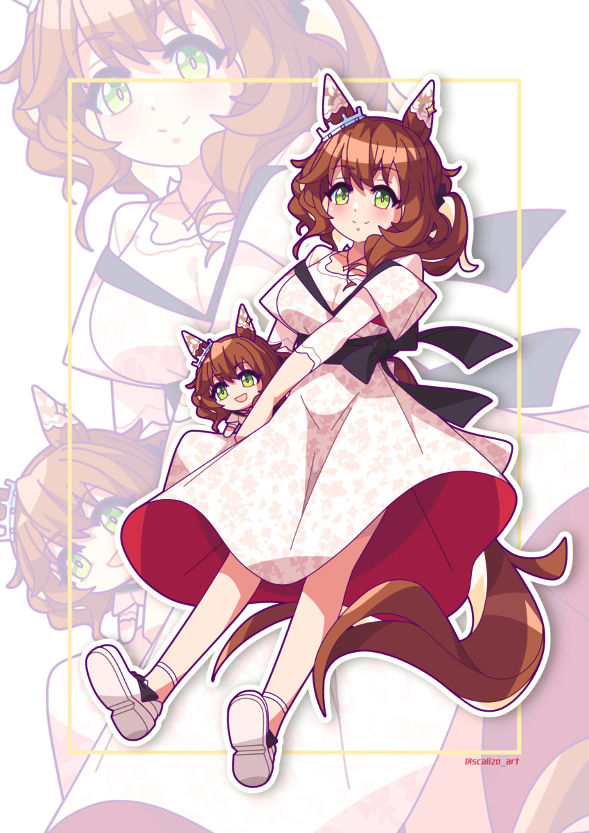 1girl absurdres alternate_costume animal_ears artist_name aston_machan_(umamusume) blush breasts brown_hair character_doll closed_mouth commentary_request doll dress ear_covers ear_ornament full_body green_eyes hair_between_eyes highres holding horse_ears horse_girl horse_tail long_hair long_sleeves medium_breasts open_mouth scalizo smile solo tail umamusume zoom_layer