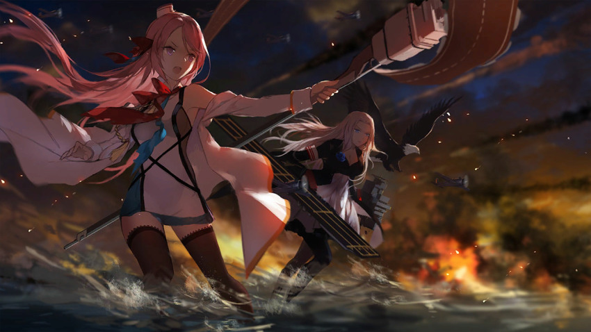 2girls aircraft airplane armband artist_request azur_lane bald_eagle bird blue_flower blue_rose breasts cleavage eagle fire flower grim_(azur_lane) hair_ribbon hat large_breasts lexington_(azur_lane) long_hair medium_breasts multiple_girls off_shoulder official_art open_mouth pantyhose pink_hair purple_eyes ribbon rose skirt thighhighs war water white_hair yorktown_(azur_lane)