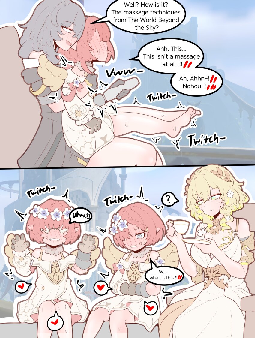 5girls ? absurdres age_difference aglaea_(honkai:_star_rail) blindfold blonde_hair blue_eyes blush bow breasts brown_gloves clenched_teeth cup dress feet flower gloves green_eyes grey_eyes grey_hair hair_between_eyes hair_flower hair_ornament hair_over_one_eye heart highres honkai:_star_rail honkai_(series) large_breasts leaf_hair_ornament legs loli medium_hair multiple_girls no_shoes no_socks on_lap physisyoon plate pointy_ears red_bow red_hair red_ribbon ribbon sex_toy shared_sense short_hair sitting sitting_on_person skirt speech_bubble stelle_(honkai:_star_rail) sweat tea teacup teeth tongue tongue_out trailblazer_(honkai:_star_rail) trianne_(honkai:_star_rail) tribbie_(honkai:_star_rail) trinnon_(honkai:_star_rail) vibrator white_dress wings womb_stimulation wreath yellow_wings yuri