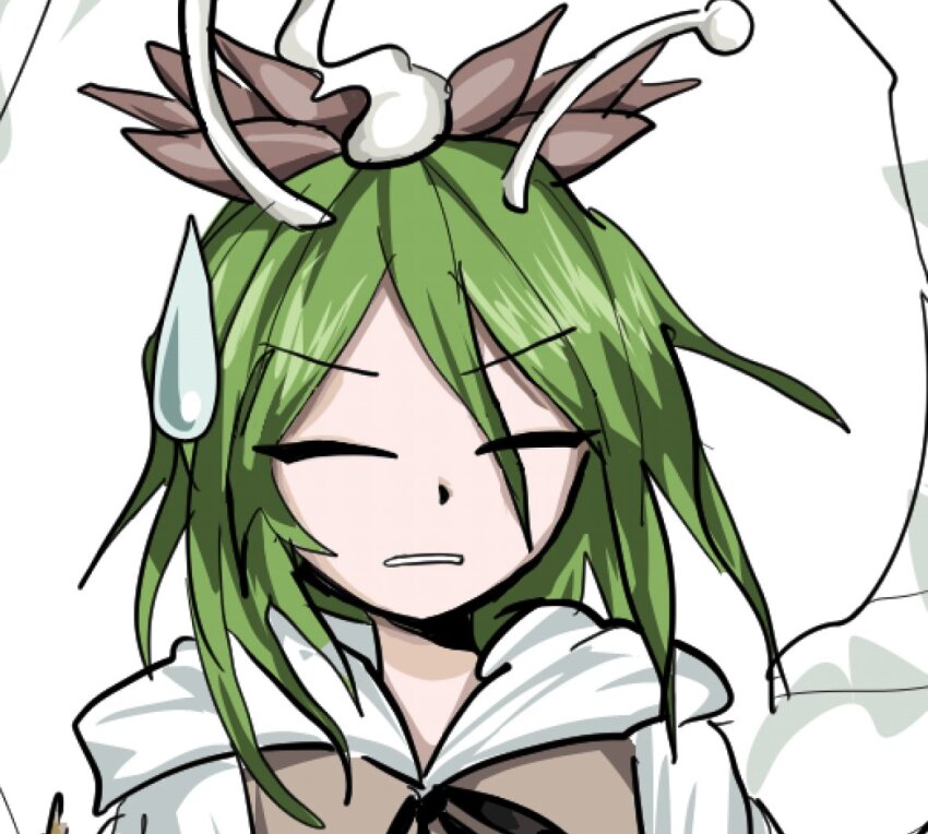 1girl alternate_color amanomori_shou antennae black_bow black_bowtie bow bowtie brown_vest close-up closed_eyes commentary_request cosplay flower frown green_hair hair_flower hair_ornament hood hood_down korean_commentary len&#039;en long_sleeves medium_hair messy_hair open_mouth shawl shirt sweatdrop teeth toramaru_shou toramaru_shou_(cosplay) touhou v-shaped_eyebrows vest waiwa_way white_background white_shirt