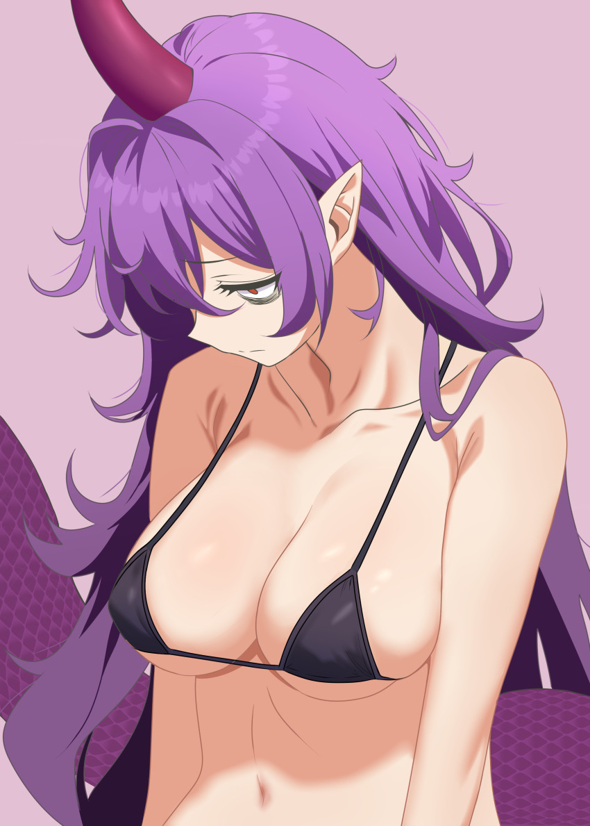 1girl absurdres bags_under_eyes bikini black_bikini breasts expressionless hair_between_eyes highres horns large_breasts long_hair looking_down messy_hair micro_bikini nara_(gsx250r_anzio) navel pink_background pointy_ears purple_hair red_eyes single_horn swimsuit tail tenkajin_chiyari touhou unfinished_dream_of_all_living_ghost upper_body very_long_hair
