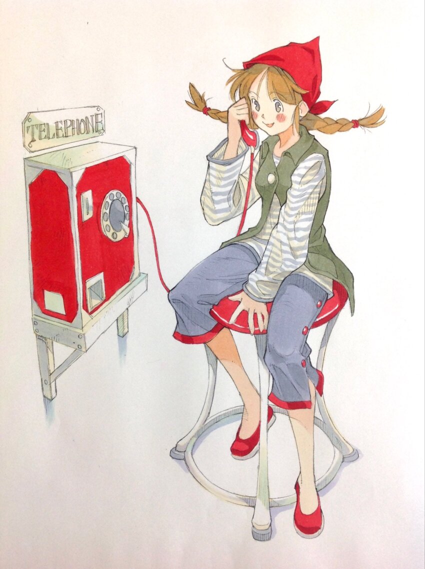 1girl antique_phone between_legs blue_pants braid brown_hair capri_pants collared_vest commentary_request corded_phone full_body green_vest grey_eyes hand_between_legs hat highres holding holding_phone medium_hair on_stool open_mouth original pants peter_salt phone phrygian_cap red_hat red_shoes rotary_phone shirt shoes sitting smile solo stool striped_clothes striped_shirt traditional_media twin_braids vest white_shirt