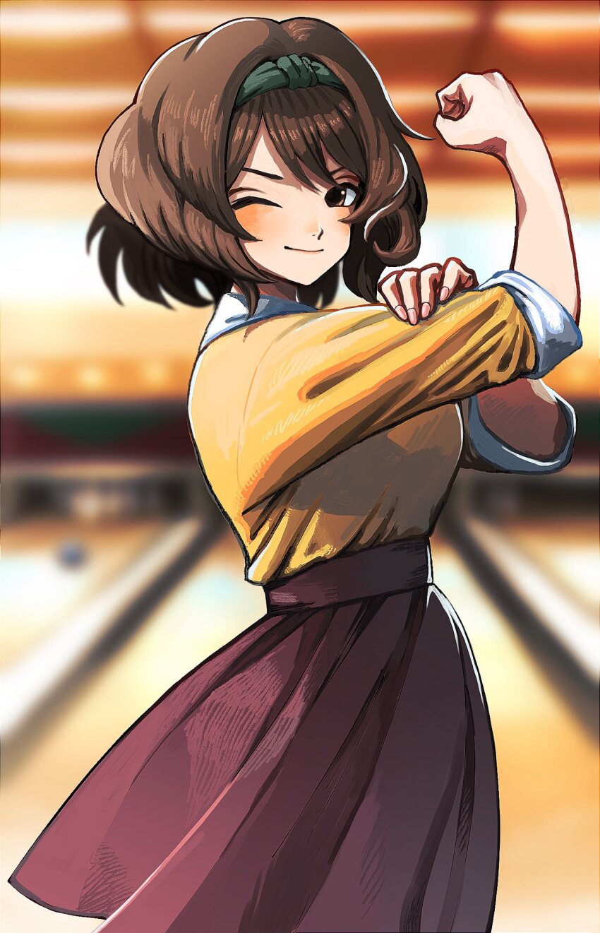 1girl ;) batcheam816 black_hairband blurry blurry_background blush bob_cut bowling_alley brown_hair clenched_hand fingernails hairband highres idolmaster idolmaster_cinderella_girls looking_at_viewer nagatomi_hasumi one_eye_closed red_skirt shirt shirt_tucked_in skirt smile solo we_can_do_it! yellow_shirt