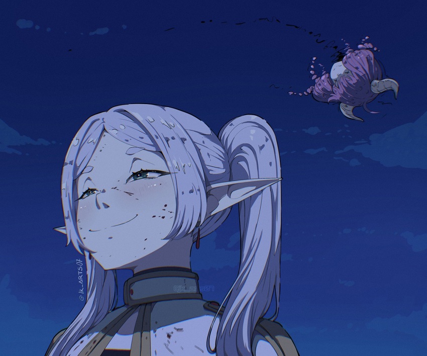 2girls aura_(sousou_no_frieren) aura_bullying_(meme) blood blood_on_face braid decapitation demon_girl demon_horns elf frieren green_eyes horns jk_arts meme multiple_girls pink_hair pointy_ears sky smile sousou_no_frieren spoilers twin_braids white_hair