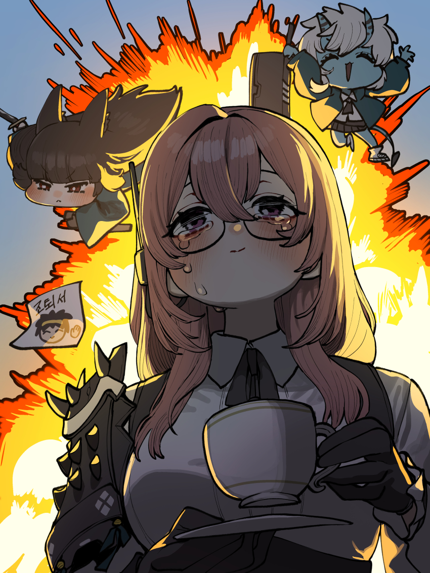 3girls ^_^ absurdres armor asaba_harumasa backlighting black_hair blue_oni blue_skin blush chibi chroong closed_eyes closed_mouth collared_shirt colored_skin crying crying_with_eyes_open cup double-parted_bangs explosion false_smile glasses gloves hair_between_eyes hair_between_horns headset highres holding holding_cup holding_saucer holding_sword holding_weapon horns hoshimi_miyabi jacket katana long_hair multiple_girls necktie oni open_clothes open_jacket open_mouth pink_hair saucer semi-rimless_eyewear shirt shoulder_armor skirt smile soukaku_(zenless_zone_zero) spikes sword tears tsukishiro_yanagi under-rim_eyewear v-shaped_eyebrows weapon wing_collar zenless_zone_zero