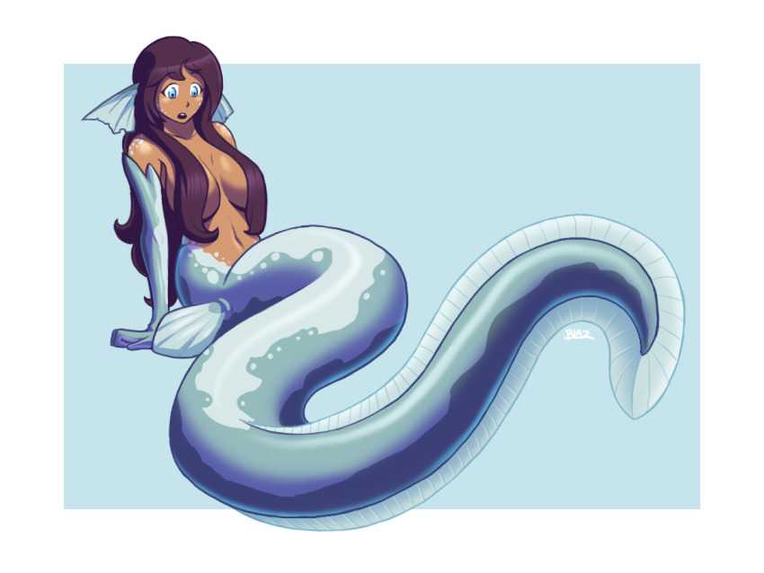blazbaros blue_eyes brown_hair eel_girl fins hair_censor long_hair mermaid monster_girl nude original scales