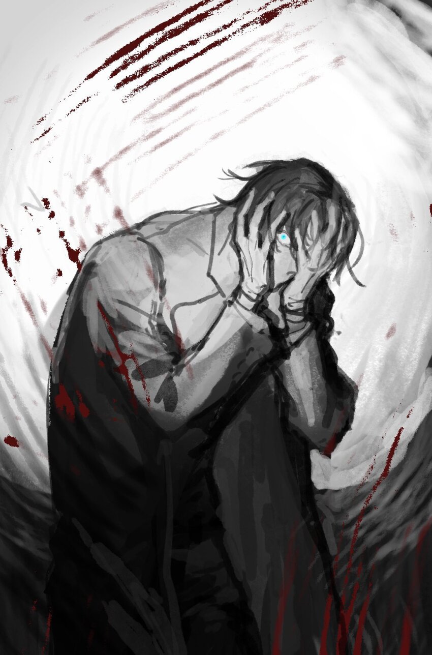 1boy black_coat black_hair blood blood_splatter blue_eyes coat covering_face hand_on_own_face highres leaning_forward looking_at_viewer male_focus one_eye_covered original short_hair slashing slouching solo spot_color upper_body wuruko