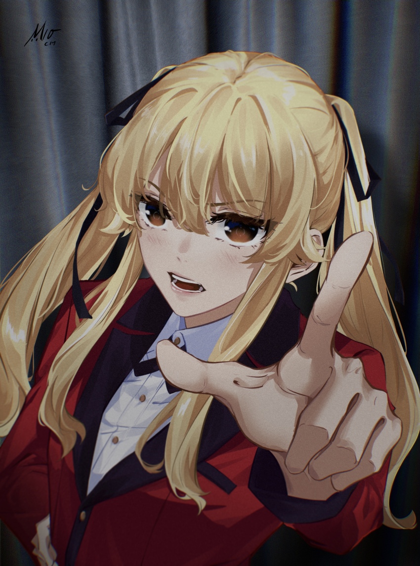 1girl absurdres angry blazer blush border camera character_signature formal_clothes hand_on_own_hip highres hyakkaou_academy_school_uniform jacket kakegurui long_hair looking_at_viewer m10cmdesu open_mouth polaroid_photo red_suit saotome_mary school_uniform selfie shirt simple_background solo suit twintails white_border