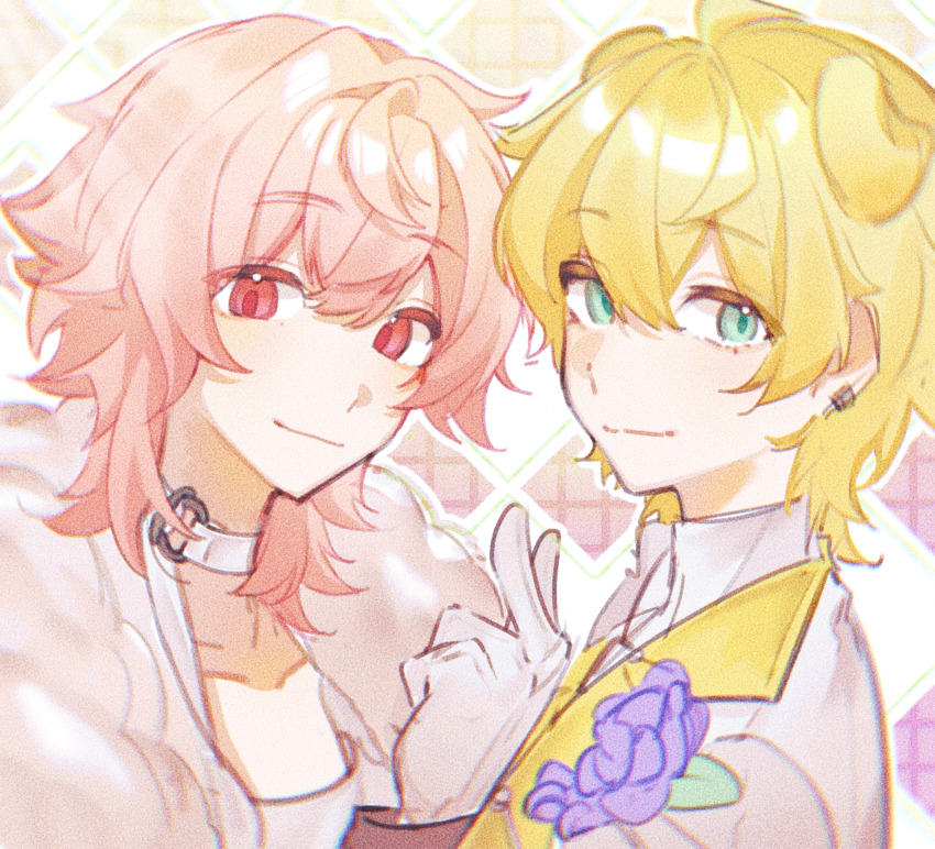 2boys absurdres animal_ears arknights belt belt_collar blonde_hair blue_eyes chinese_commentary closed_mouth collar collarbone collared_shirt commentary_request dog_boy dog_ears ear_piercing earrings flower fur_trim gloves hair_between_eyes hand_up highres jacket jewelry kun3851714 looking_at_viewer male_focus multiple_boys paradox_live piercing pink_hair plaid_background purple_flower red_eyes rokuta_(paradox_live) shirt smile tequila_(arknights) v white_belt white_gloves white_jacket white_shirt