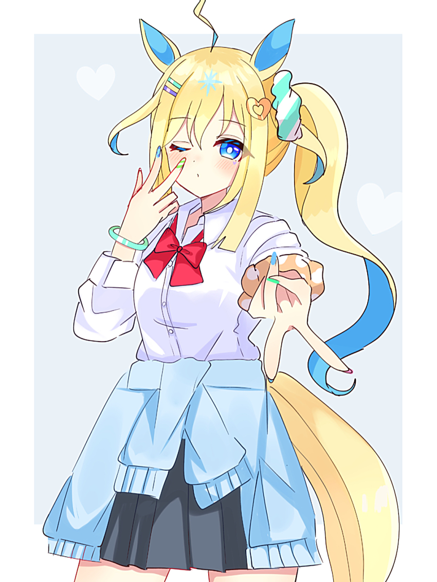 1girl ahoge alternate_costume alternate_hairstyle animal_ears black_skirt blonde_hair blue_cardigan blue_eyes blue_hair blue_nails blush border bow bowtie bracelet bright_pupils cardigan cardigan_around_waist closed_mouth clothes_around_waist collared_shirt colored_inner_hair cowboy_shot curly_hair dress_shirt facial_mark fingernails green_nails grey_background gyaru gyaru_v hair_ornament hair_scrunchie hairpin heart heart_facial_mark heart_hair_ornament highres horse_ears horse_girl horse_tail jewelry lightning_ahoge long_hair looking_at_viewer mark_under_eye miniskirt multicolored_hair multiple_hairpins nail_polish neo_universe_(umamusume) one_eye_closed outside_border pleated_skirt red_bow red_bowtie school_uniform scrunchie shiroiro_obake shirt side_ponytail skirt solo star_(symbol) tail two-tone_background two-tone_hair umamusume v white_border white_pupils white_shirt yellow_tail