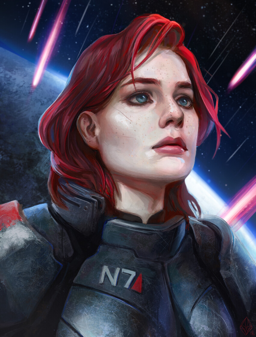 1girl absurdres armor blue_eyes brother_thunder commander_shepard commander_shepard_(female) commentary english_commentary expressionless freckles hair_behind_ear highres looking_up making-of_available mass_effect_(series) mass_effect_3 n7_armor portrait power_armor realistic red_hair red_lips short_hair solo space