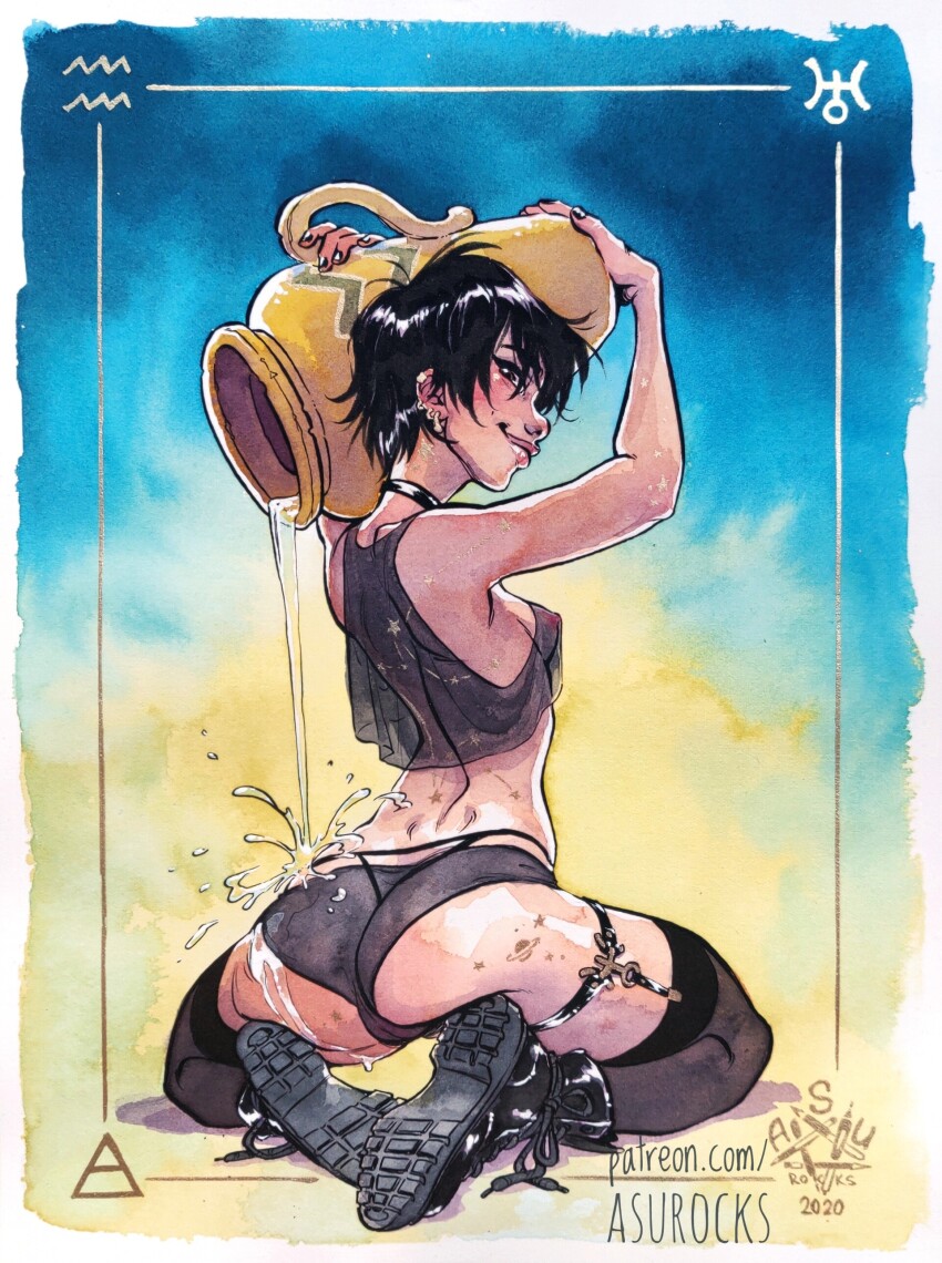 1girl absurdres aquarius_(constellation) aquarius_(symbol) aquarius_(zodiac) arched_back armpits artist_logo artist_name ass ass_focus black_hair black_nails black_thighhighs blush boots breasts brown_eyes choker cleft_of_venus constellation earrings female_focus from_behind goth_fashion highres jewelry leg_strap legs lips logo looking_at_viewer medium_breasts nail_polish nipples no_bra olga_andriyenko on_floor pussy saturn_symbol see-through_clothes see-through_shirt shirt short_hair simple_background sitting sleeveless smile smirk solo solo_focus star_(symbol) thick_thighs thighhighs thighs vase water water_drop wet wet_clothes wide_hips zodiac