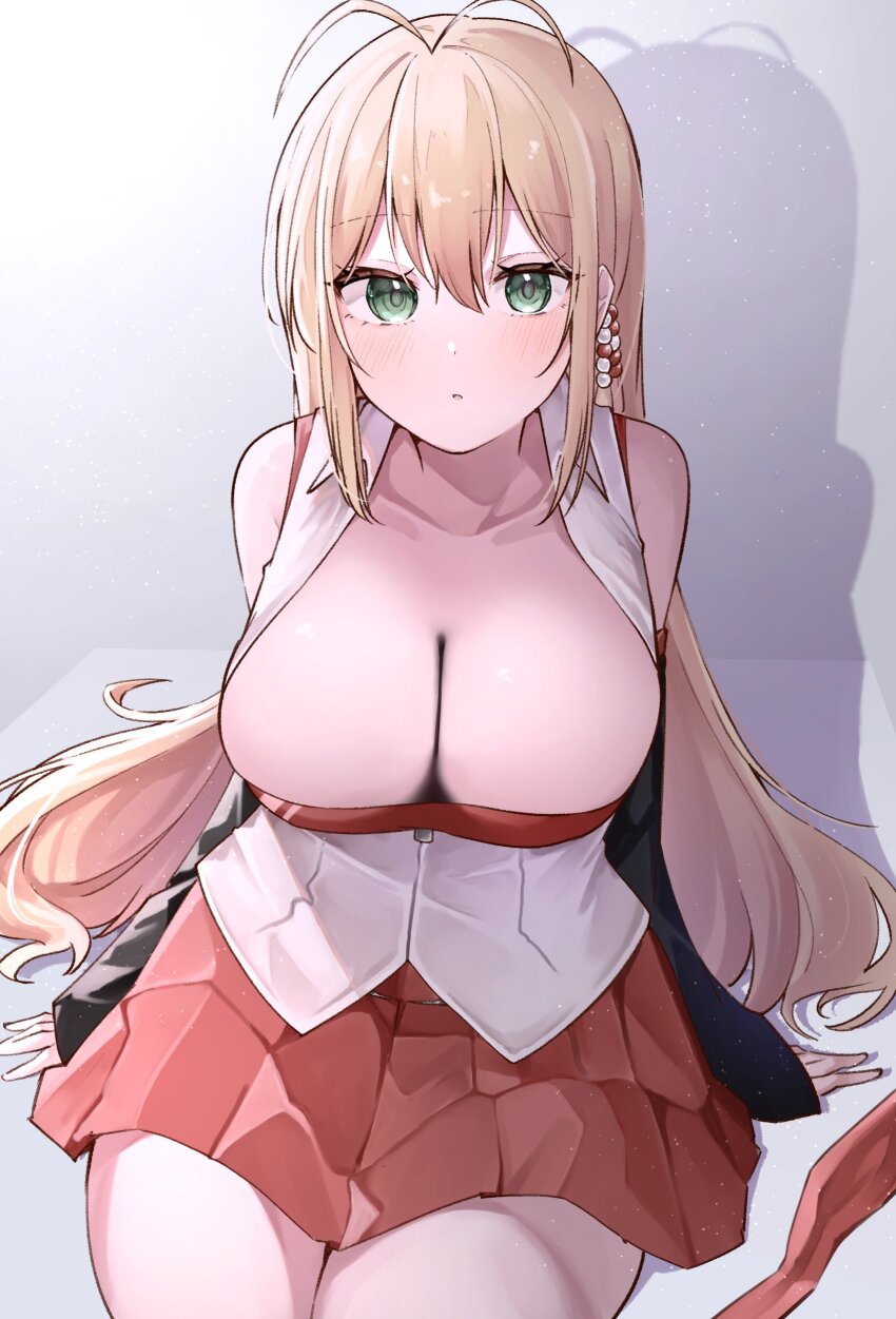 1girl absurdres antenna_hair bare_shoulders blonde_hair breasts character_request cleavage green_eyes hair_between_eyes highres large_breasts long_hair looking_at_viewer red_skirt simple_background skirt usa_otome