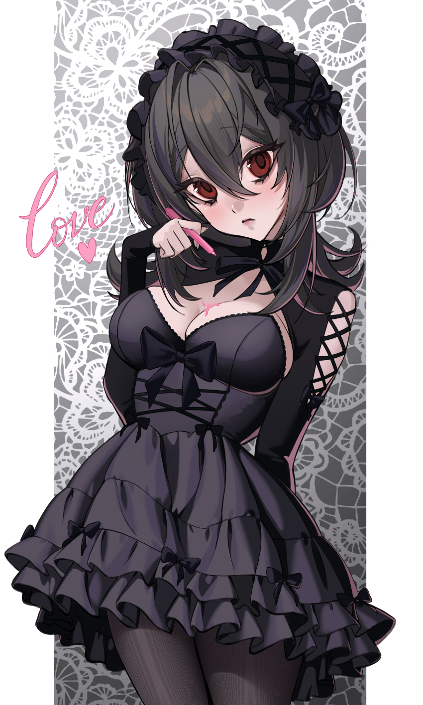 1girl absurdres black_dress black_hair black_pantyhose breasts dress frilled_dress frilled_hairband frills gothic_lolita hair_between_eyes hairband highres lolita_fashion lolita_hairband long_hair looking_at_viewer medium_breasts mionk42 original pantyhose red_eyes sleeves_past_wrists solo