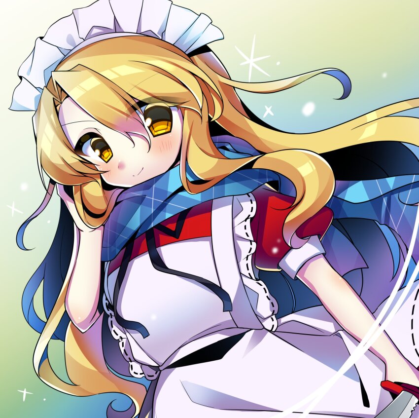 1girl apron blonde_hair blue_scarf dress frilled_apron frills highres holding holding_sword holding_weapon kujou_mikuru long_hair looking_at_viewer maid_apron maid_headdress mystic_square pantyhose red_dress scarf solo sword touhou touhou_(pc-98) weapon white_apron white_pantyhose yellow_eyes yumeko_(touhou)