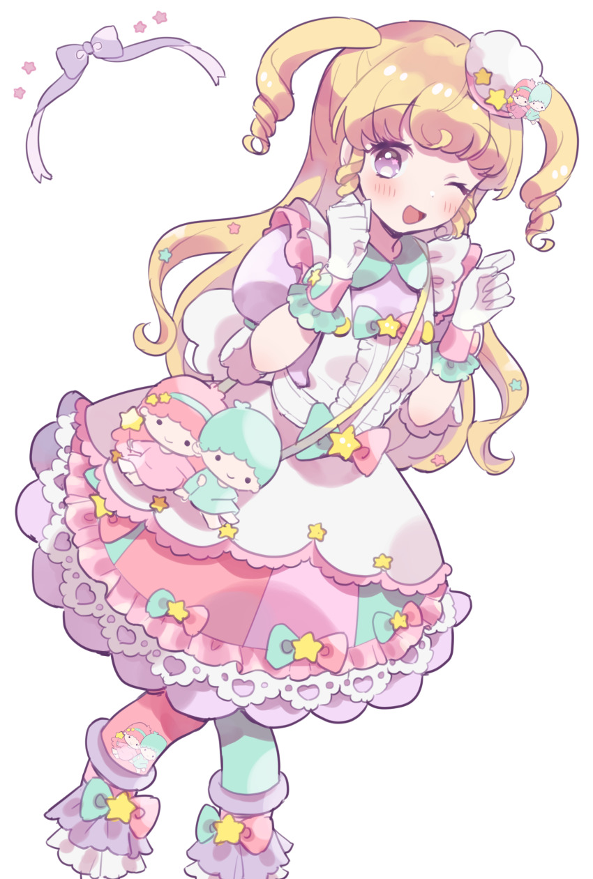 1girl ;d absurdres blonde_hair blush character_print collared_dress dress feet_out_of_frame frilled_dress frills gloves hands_up highres hoshikuzu_(pinkholic) idol_time_pripara kiki_(little_twin_stars) lala_(little_twin_stars) little_twin_stars long_hair looking_at_viewer multicolored_dress one_eye_closed open_mouth pretty_series pripara puffy_short_sleeves puffy_sleeves purple_eyes ringlets sanrio short_sleeves simple_background smile solo standing two_side_up white_background white_gloves yume_kawaii yumekawa_yui