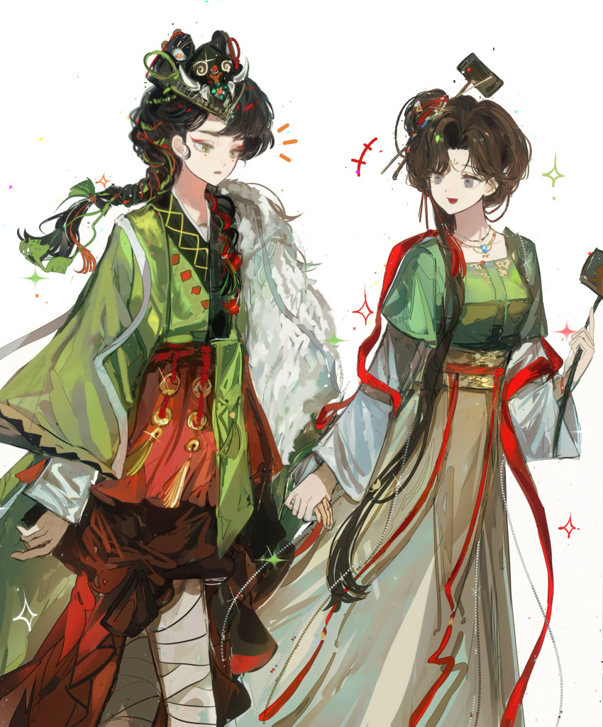 +++ 2girls :o absurdres bandaged_leg bandages black_eyes black_hair braid cape chinese_clothes chinese_hairpin cowboy_shot dipper fur_cape green_hanfu hair_bun hand_up hanfu highres holding holding_hands holding_spoon jewelry jiu_niangzi layered_sleeves leg_wrap liang_yue_(reverse:1999) long_hair long_skirt long_sleeves looking_at_another low_twin_braids mask mask_on_head miniskirt multiple_girls necklace parted_bangs red_shawl red_skirt reverse:1999 shawl short_over_long_sleeves short_sleeves single_side_bun skirt sparkle spoon turning_head twin_braids walking weiyan_(nbnbmwnl) white_background white_cape wide_sleeves yellow_eyes yellow_skirt