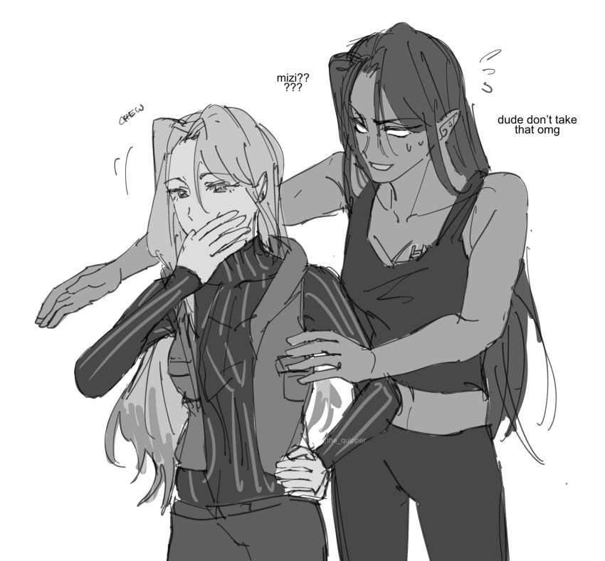 2girls alien_stage blank_eyes eating english_text flying_sweatdrops greyscale hand_on_own_hip highres hyuna_(alien_stage) long_hair midriff_peek mizi_(alien_stage) monochrome multiple_girls pants ribbed_shirt shirt sketch tank_top the_quipper very_long_hair vest
