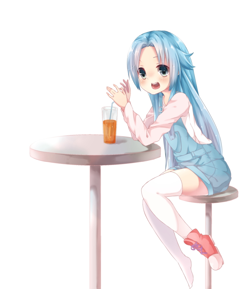 1girl bad_id bad_pixiv_id blue_eyes blue_hair cross-laced_footwear female_focus glass haiyore!_nyaruko-san highres juice long_hair long_sleeves matching_hair/eyes open_mouth personification rima_(rimarip) shantak_(nyaruko-san) shoes single_shoe sitting solo table thighhighs very_long_hair white_background white_thighhighs