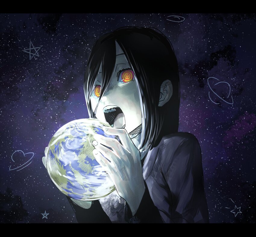 1girl black_hair chainsaw_man commentary earth_(planet) eating eliasdessin glowing hair_between_eyes highres holding_planet nayuta_(chainsaw_man) open_mouth planet ringed_eyes shooting_star solo space star_(sky) teeth ufo yellow_eyes