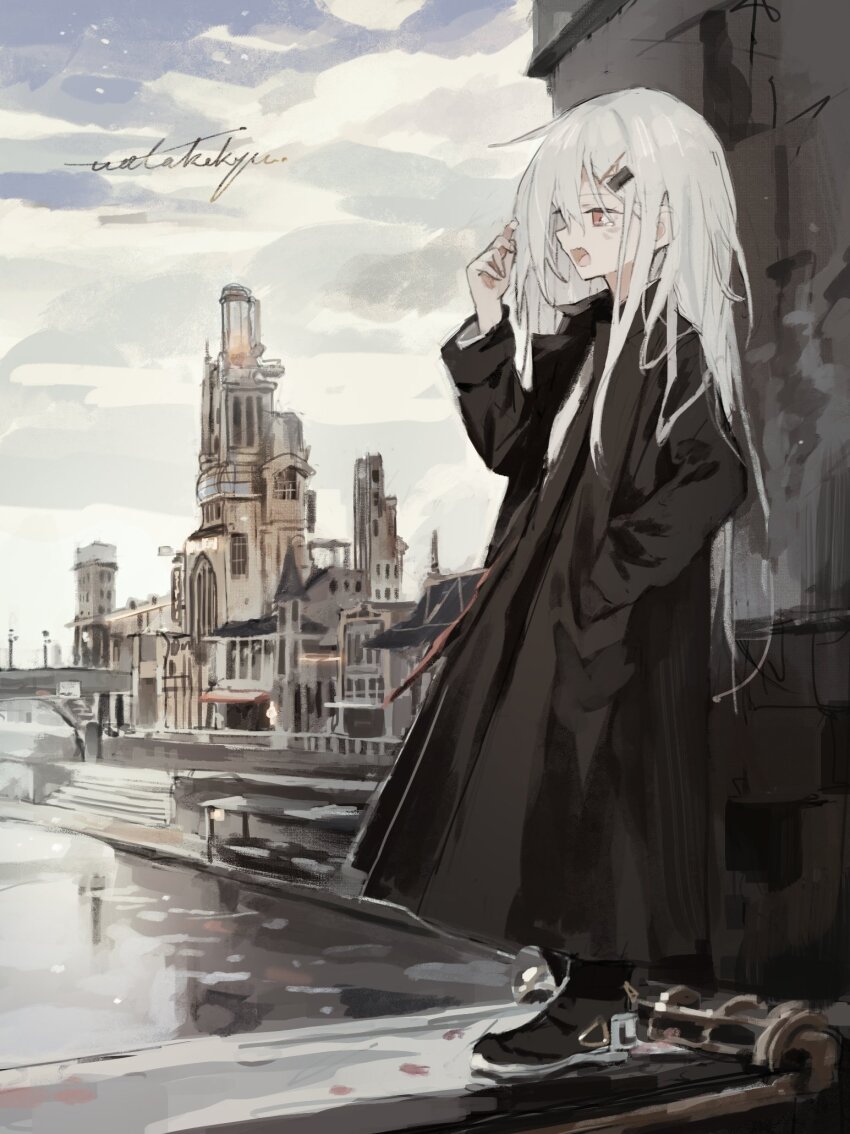 1girl black_coat bridge building coat hand_in_pocket highres original standing watakokyu white_hair yawning
